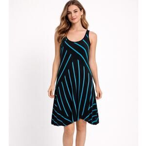 Spense Mini Dress Size M Black Blue Stripes Asymmetrical Sleeveless Soft Stretch